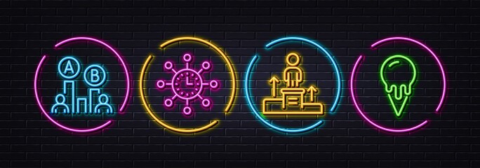 World time, Business podium and Ab testing minimal line icons. Neon laser 3d lights. Ice cream icons. For web, application, printing. Measurement device, Nomination, Test chart. Vanilla waffle. Vector