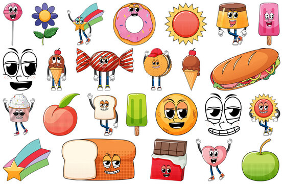 Set of facial expression with vintage style food cartoon on white background