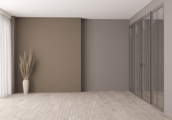 3d illustration. Empty interior with window and glass door  partition.
