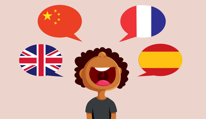 Smart Child Speaking Many Foreign Languages Vector Cartoon Illustration. Child of African Ethnicity speaking multiple languages fluently 

