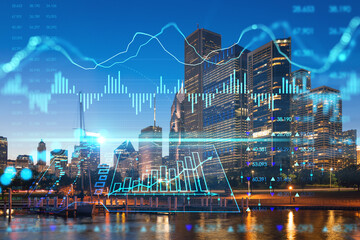 Obraz premium Downtown skyscrapers city view, Chicago skyline panorama over Lake Michigan, harbor area, night time, Illinois, USA. Forex graph hologram. Concept of internet trading, brokerage, fundamental analysis