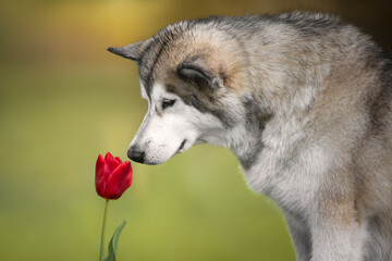 Alaskan Malamute dog sniffing red flower