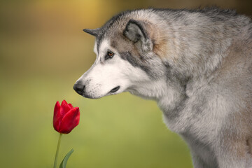 Alaskan Malamute dog sniffing red flower