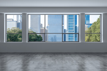 Fototapeta na wymiar Downtown Chicago City Skyline Buildings from High Rise Window. Beautiful Expensive Real Estate overlooking. Epmty room Interior Skyscrapers View in Penthouse Cityscape. Day time. 3d rendering.