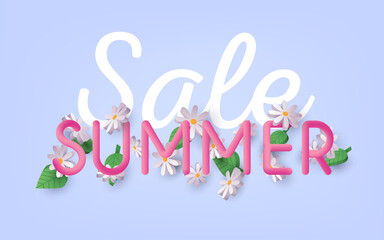 Summer  Sale 3d text vector banner design with Daisy Flowers on a background. 3D Web Vector Illustrations.