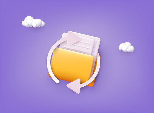 Cloud storage icon. Digital file organization service or app with data transfering. 3D Web Vector Illustrations.