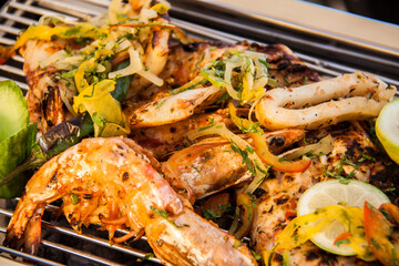 Food Photography art shots, Egyptian Oriental Barbequed Sea food, Photo is selective focus with shallow depth of field. Shot taken at Cairo Egypt