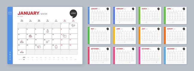 Calendar 2022 month schedule. Inventory, Baggage reclaim and Rocket minimal line icons. Cardboard box, Airplane travel, Boarding pass icons. Vector - obrazy, fototapety, plakaty