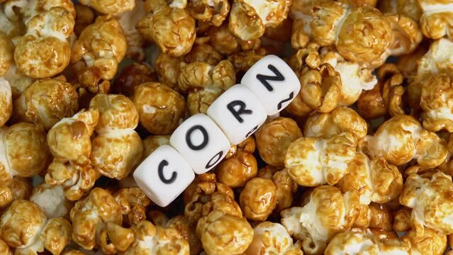Coffee taste popcorn rotating close up. Caramel popcorn. Healthy food for morning breakfast. Healthy breakfast concept. High quality 4k footage