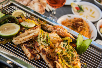 Food Photography art shots, Egyptian Oriental Barbequed Sea food, Photo is selective focus with shallow depth of field. Shot taken at Cairo Egypt