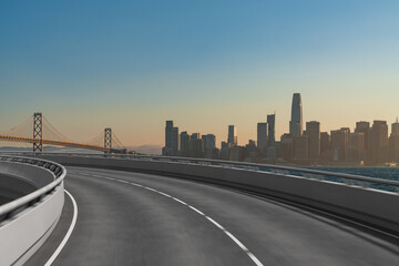 Obraz premium Empty urban asphalt road exterior with city buildings background. New modern highway concrete construction. Concept way to success. Transportation logistic industry fast delivery. San Francisco. USA.