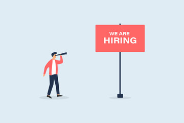 We are hiring. Man looking at recruitment notice board with binoculars. Vector illustration