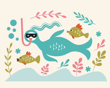 Sea lif,  cute mermaid and  fishes,  snorkeling. Vector illustration