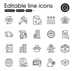 Set of Industrial outline icons. Contains icons as Return parcel, Construction document and Brush elements. Lighthouse, Packing boxes, Buildings web signs. Evaporation, Engineer. Vector