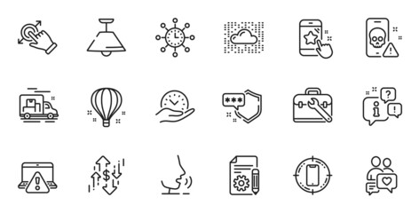Fototapeta premium Outline set of Dollar rate, Shield and Cyber attack line icons for web application. Talk, information, delivery truck outline icon. Include Documentation, Safe time, World time icons. Vector