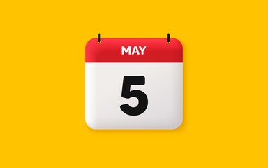 Calendar date 3d icon. 5th day of the month icon. Event schedule date. Meeting appointment time. Agenda plan, May month schedule 3d calendar and Time planner. 5th day day reminder. Vector