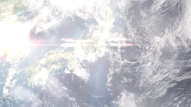 Earth zoom in from outer space to city. Zooming on Hadano, Kanagawa, Japan. The animation continues by zoom out through clouds and atmosphere into space. Images from NASA
