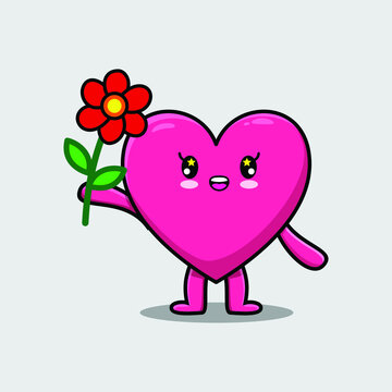 Cute cartoon lovely heart character holding red flower in concept 3d cartoon style