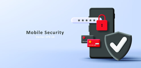Payment security digital illustration with black 3d smartphone and credit cards with padlock encrypted. Vector illustration
