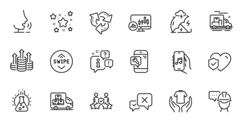 Outline set of Hold t-shirt, Budget and Reject line icons for web application. Talk, information, delivery truck outline icon. Include Stress protection, Stars, Phone repair icons. Vector