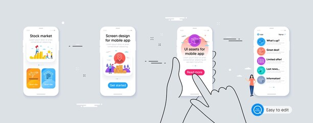 Departure plane, Boxes shelf and Hold box minimal line icons. Phone ui interface. Vip parcel, Location, Lighthouse icons. Medical helicopter, Parking, Journey web elements. Vector