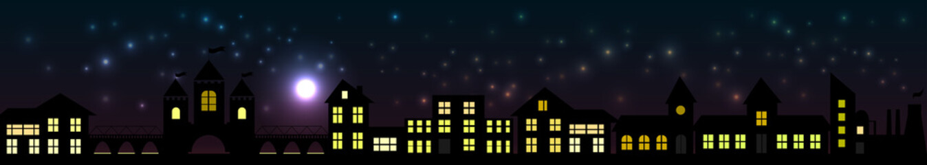 Fototapeta na wymiar Cityscape at night. Bright moon and shooting star