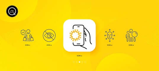 Fototapeta na wymiar Search people, Buyer insurance and Covid app minimal line icons. Yellow abstract background. Not looking, Face biometrics icons. For web, application, printing. Vector