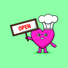 Cute cartoon lovely heart character holding open sign designs in concept 3d cartoon style