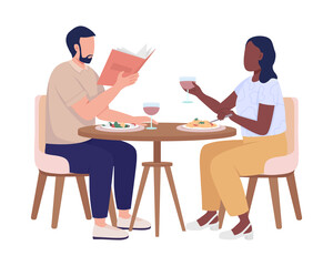 People enjoying food in restaurant semi flat color vector characters. Editable figure. Full body people on white. Cafe service simple cartoon style illustration for web graphic design and animation