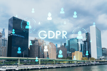 New York City skyline, United Nation headquarters over the East River, Manhattan, Midtown at day time, NYC, USA. GDPR hologram, concept of data protection, regulation and privacy for all individuals