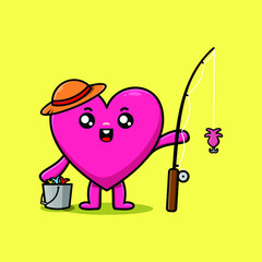 Cute cartoon lovely heart ready fishing wearing fishing equipment cartoon character in concept 3d cartoon style