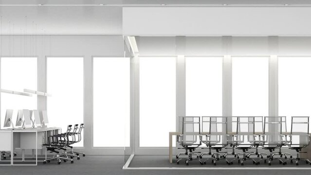 Contemporary spacious office room interior with city view and daylight. Workplace design concept with carpet floor and office furniture meeting room living area and reception hall white. 3D Rendering