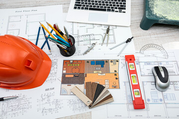 Blueprint and architectural tools, helmet and other tools