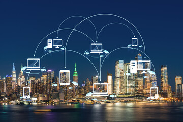 New York City skyline from New Jersey over the Hudson River with Hudson Yards at night. Manhattan, Midtown. Social media hologram. Concept of networking and establishing new people connections