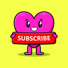 Cute cartoon lovely heart character holding red subscribe board