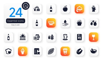 Set of Food and drink flat icons. Apple, Wine bottle and Coffee shop elements for web application. Takeaway coffee, Ice cream, Mocha icons. Brandy bottle, Restaurant food, Latte elements. Vector