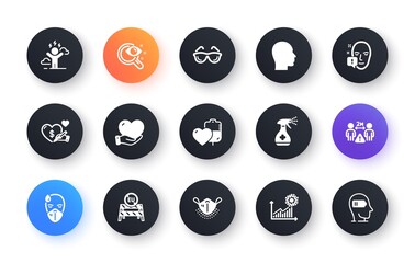 Minimal set of Social care, Difficult stress and Medical cleaning flat icons for web development. Face attention, Eu close borders, Volunteer icons. Medical mask, Eyeglasses. Vector