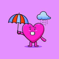 Cute cartoon lovely heart character in the rain and using an umbrella in 3d modern style design
