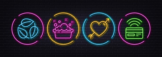 Love, Leaves and Hand washing minimal line icons. Neon laser 3d lights. Contactless payment icons. For web, application, printing. Valentines day, Nature leaf, Laundry basin. Credit card. Vector