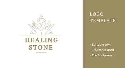 Gorgeous open human palm holding jewelry gem minimalist triangle frame line logo vector illustration