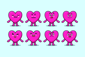 Set kawaii lovely heart cartoon character with different expressions of cartoon face vector illustrations