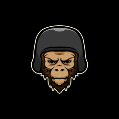 Monkey head with helmet cartoon premium mascot logo vector