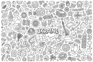 Doodle cartoon set of Ukraine objects and symbols