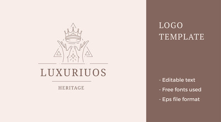 Bright monarchy antique crown with human hands triangle geometric frame line logo vector © provectors