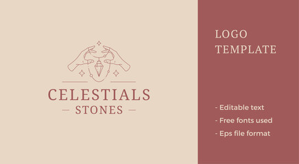 Meditative human arms with expensive gemstone jewelry necklace and glow stars line art logo vector