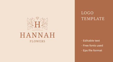 Fototapeta na wymiar Spring blossom botanical branches with brilliant gemstone luxury line logo vector illustration