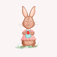 Illustration of a cute cute rabbit in a pink dress. The Easter Bunny is holding an Easter red egg.
