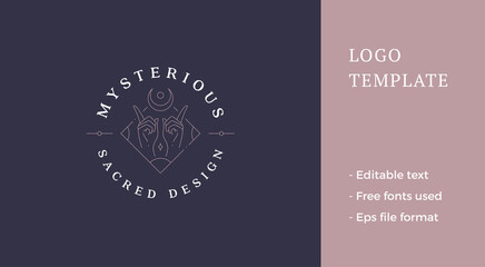 Mystery human hands forefinger pointing up esoteric half moon geometric frame line art logo vector