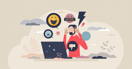 Fototapeta na wymiar Online trolling and social media victim cruel bullying tiny person concept. Psychological suffering from negative website comments and emotional frustration vector illustration. Hate speech problem.