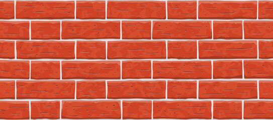 Brick red wall pattern seamless background. Vector pattern illustration. Texture of red, orange, brown cartoon brick wall. Fence horizontal old seamless brick texture background.